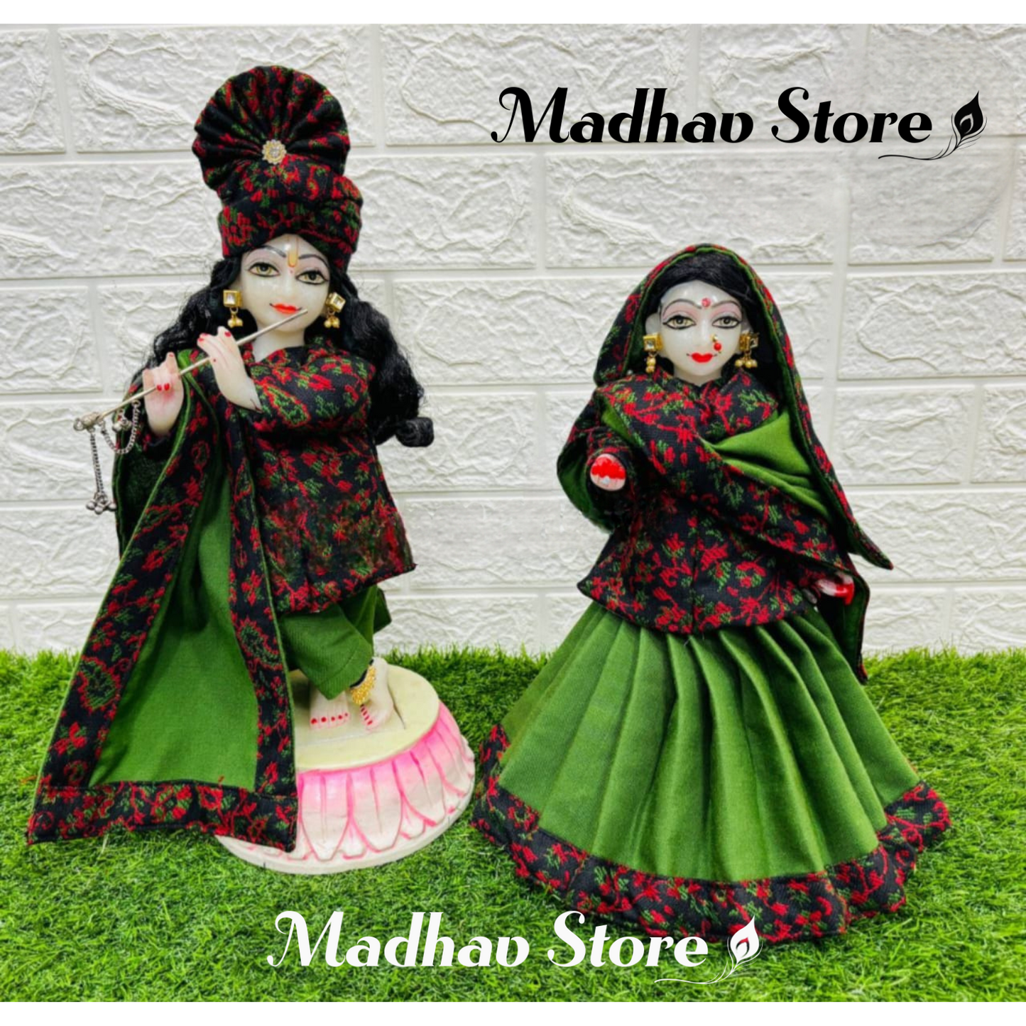 Green & Red Cashmilon woolen winter special Dress for Radha Krishna with Pagdi