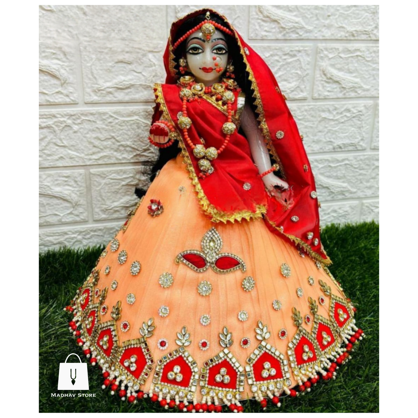 Peach & Red Janmashtami special heavy dress for Radha Krishna with heavy Pagdi