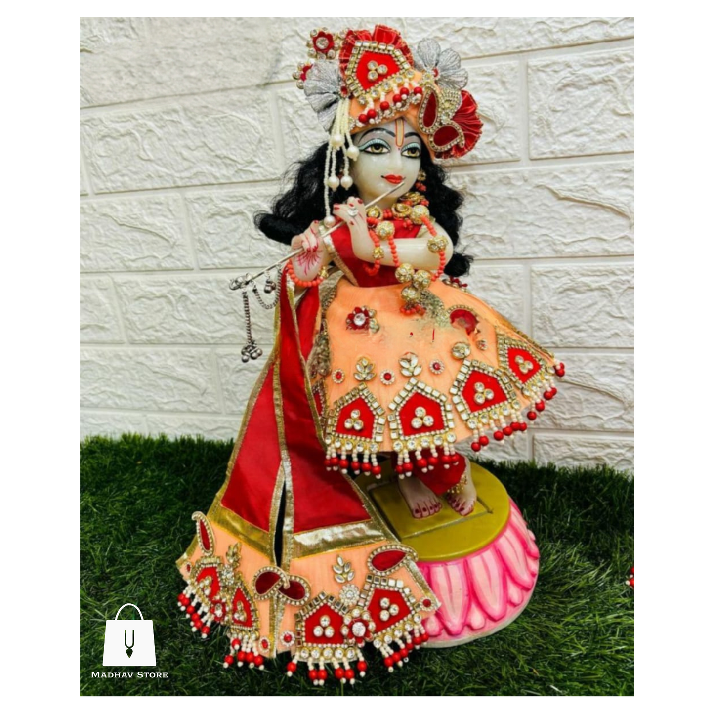 Peach & Red Janmashtami special heavy dress for Radha Krishna with heavy Pagdi