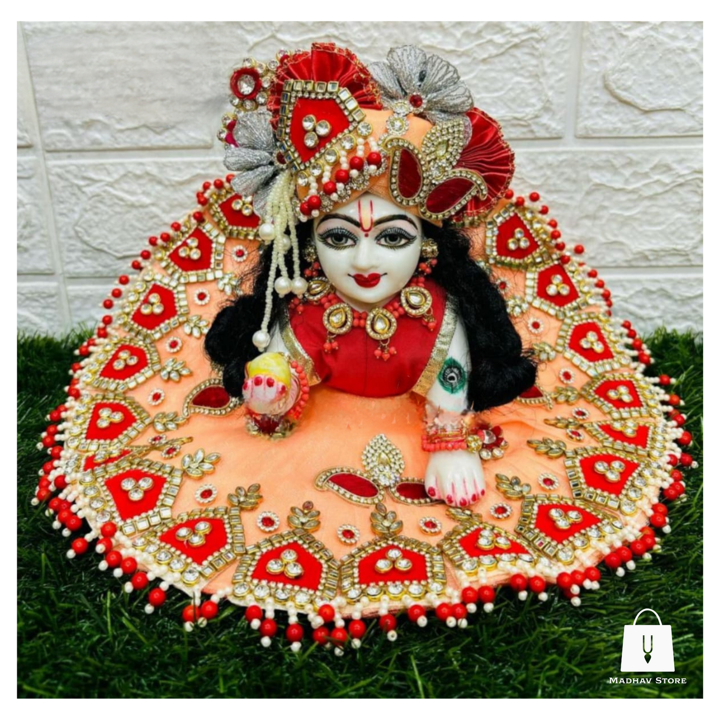 Peach & Red heavy Janmashtami Dress with heavy Pagdi for Laddu Gopal