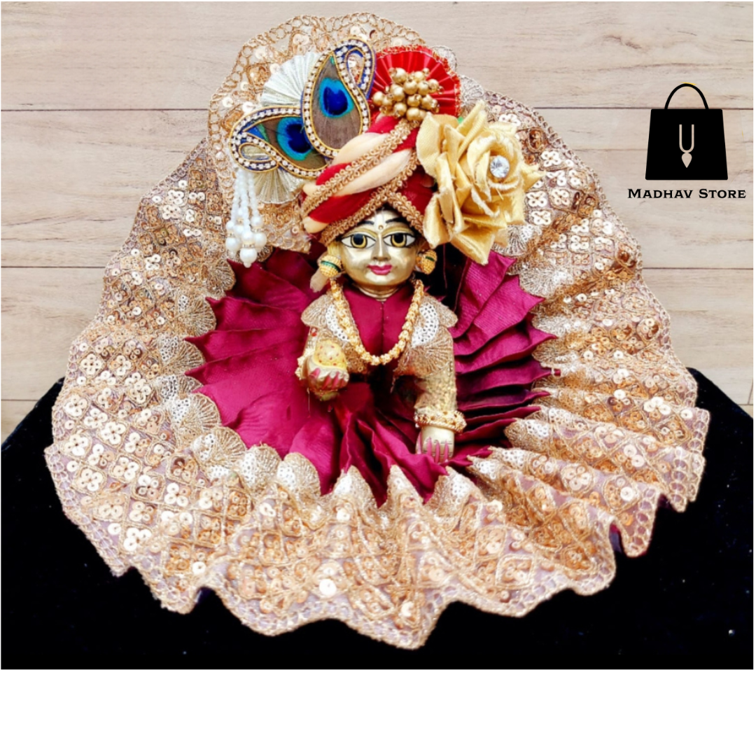 Maroon & Golden Silk Janmashtami Dress with heavy Pagdi for Laddu Gopal