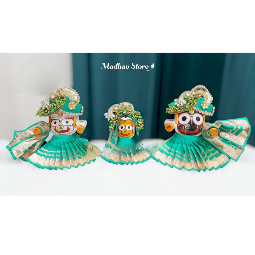Bright Green Silk Dress for Jagannath Baldeva Subhadra with Pagdi & Chandrika