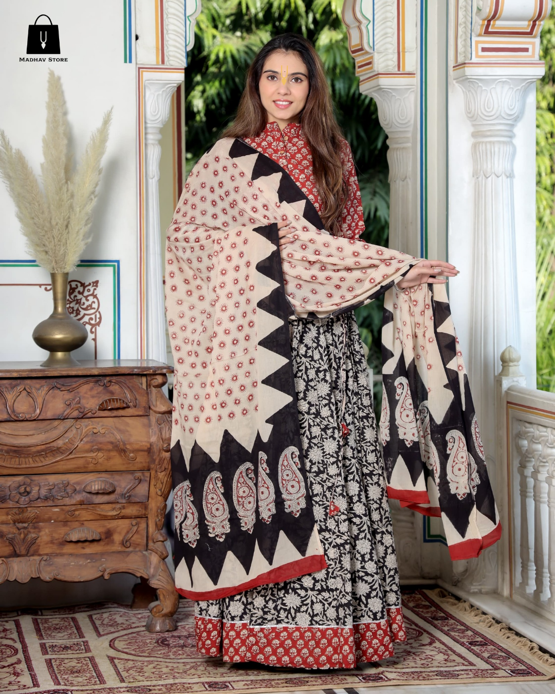 Black and Cream colour Gopi Dress With Red Blouse