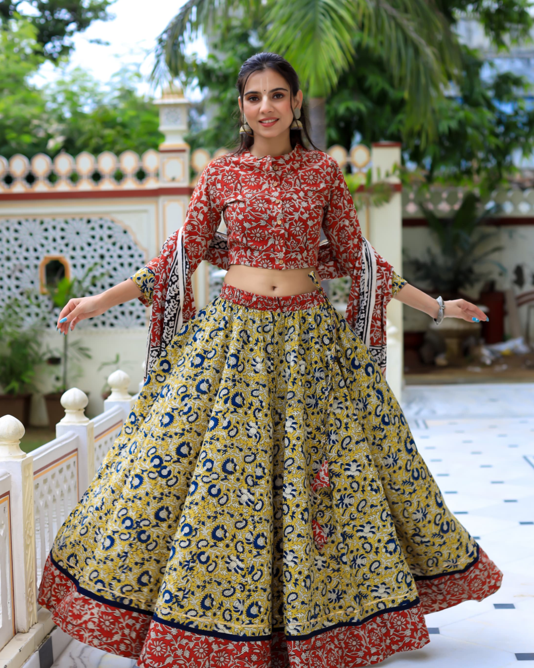 Yellow Skirt Gopi Dress With Red Dupatta
