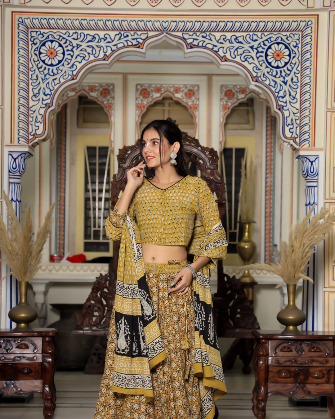 Yellow Gopi Dress With Black Border Dupatta