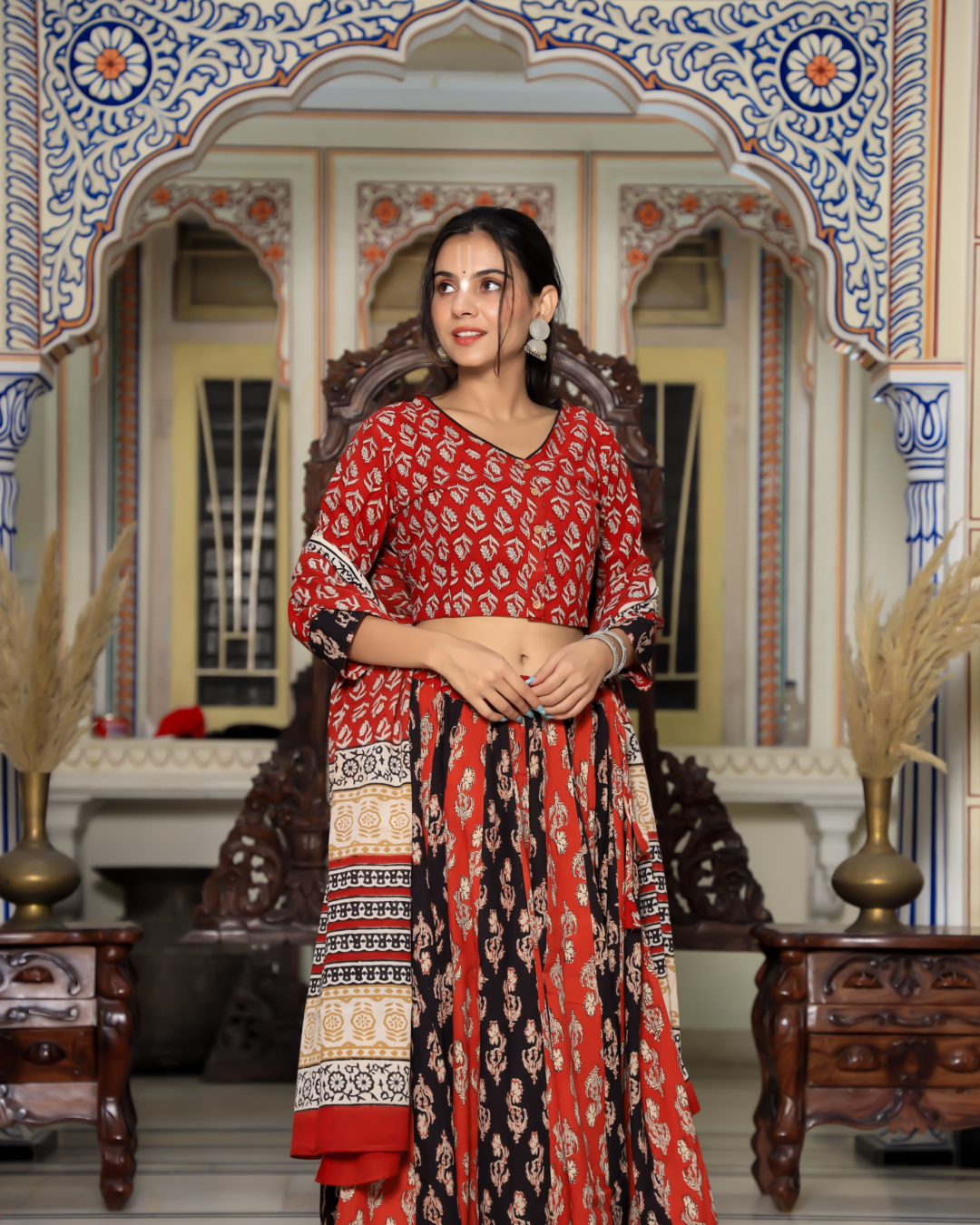 Red Gopi Dress With Black Printed Skirt