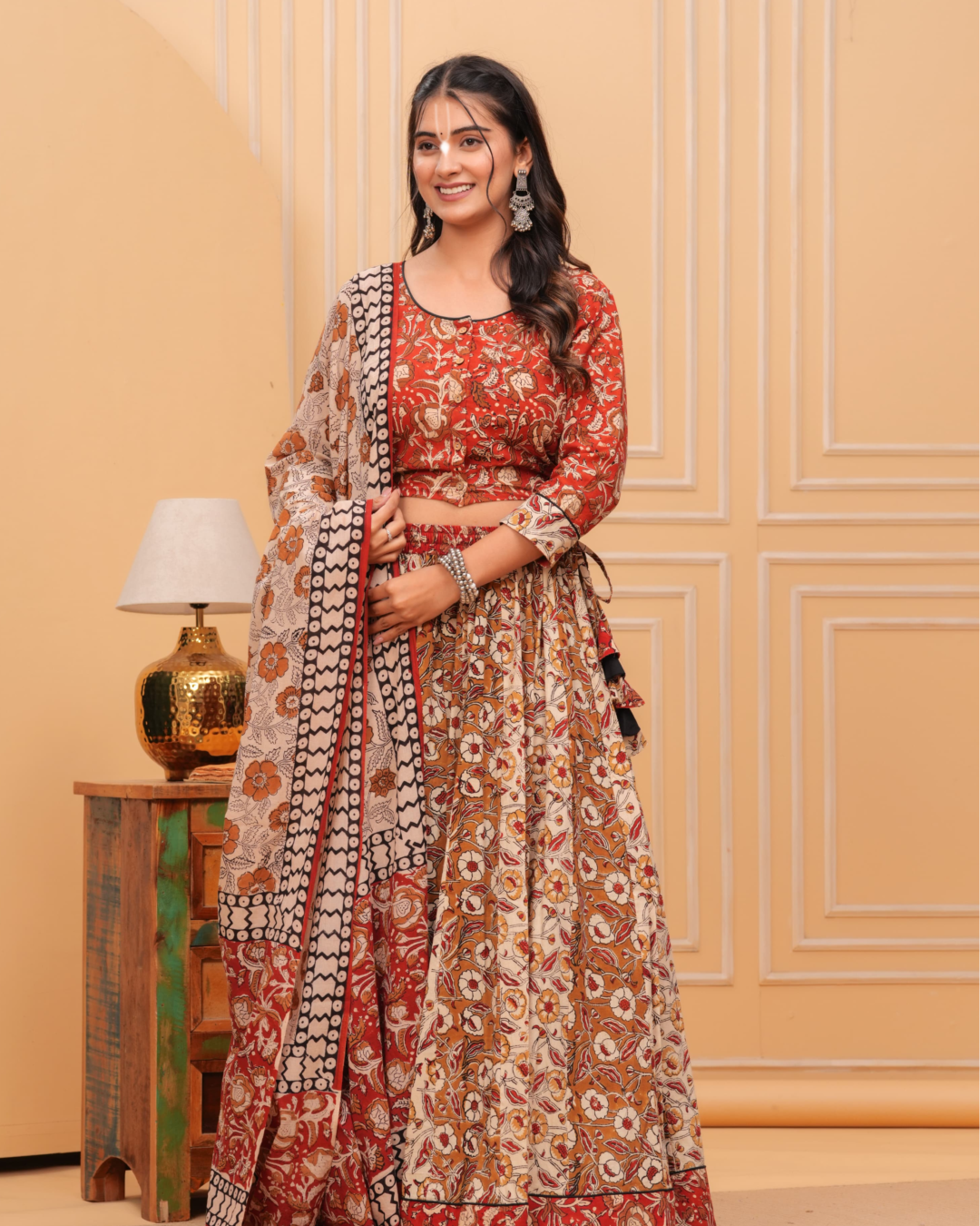 Red Blouse Gopi Dress With Brown Skirt