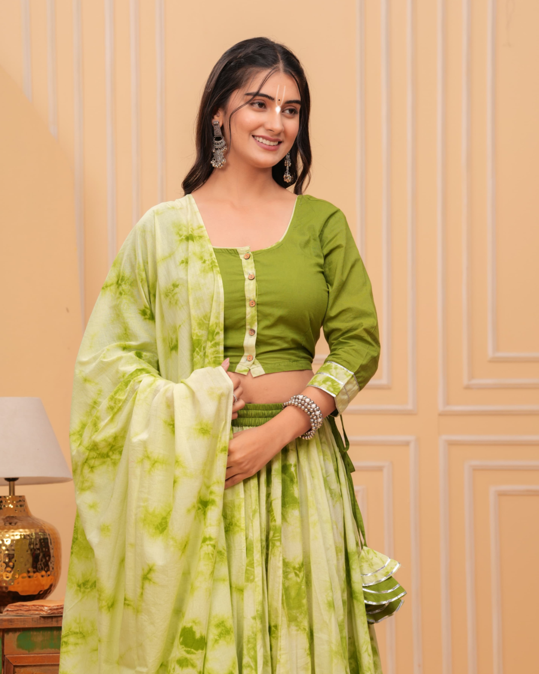 Olive Green White Colour Gopi Dress