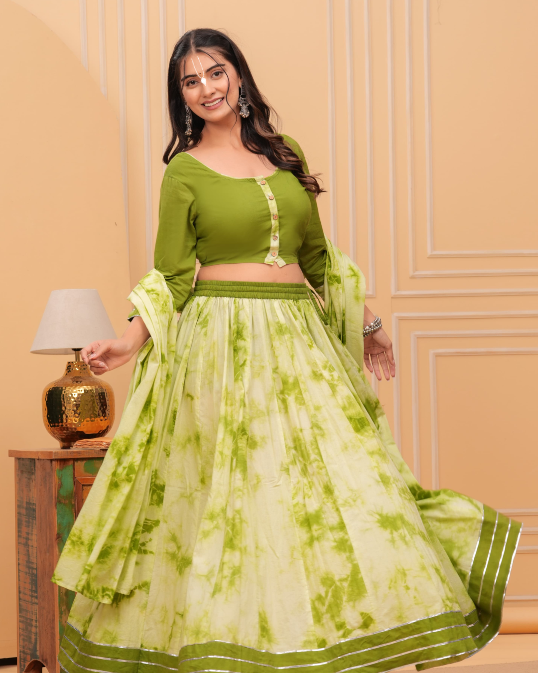 Olive Green White Colour Gopi Dress