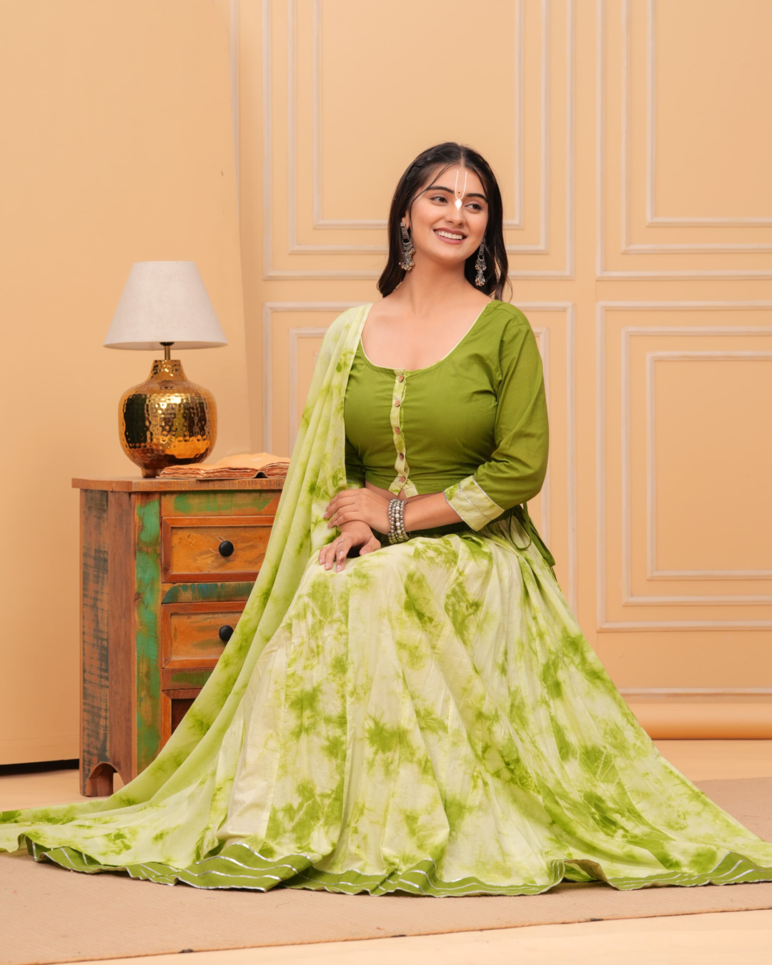 Olive Green White Colour Gopi Dress