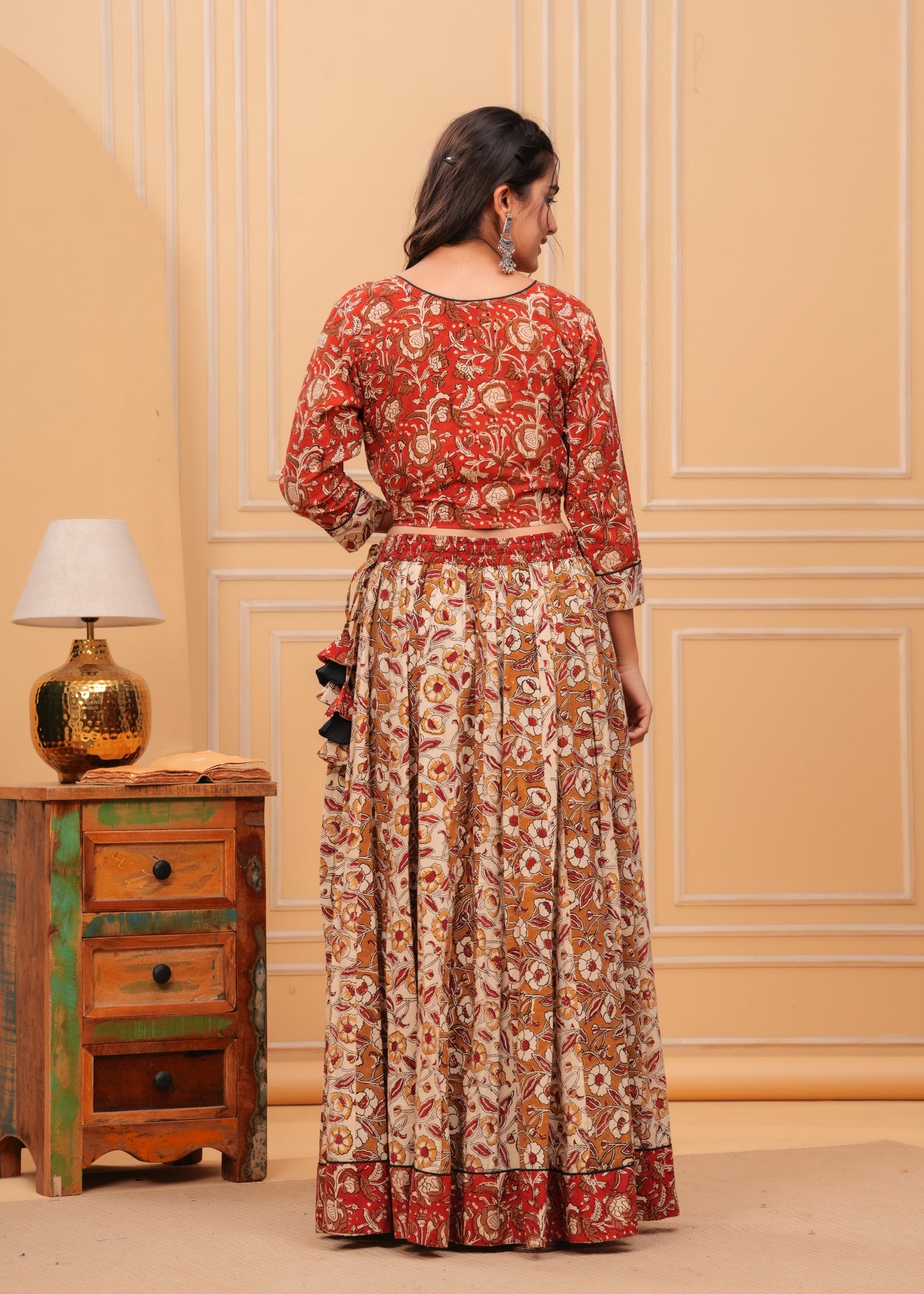 Red Blouse Gopi Dress With Brown Skirt
