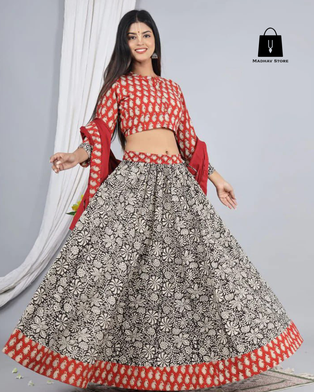 Red Grey Flower Gopi Dress