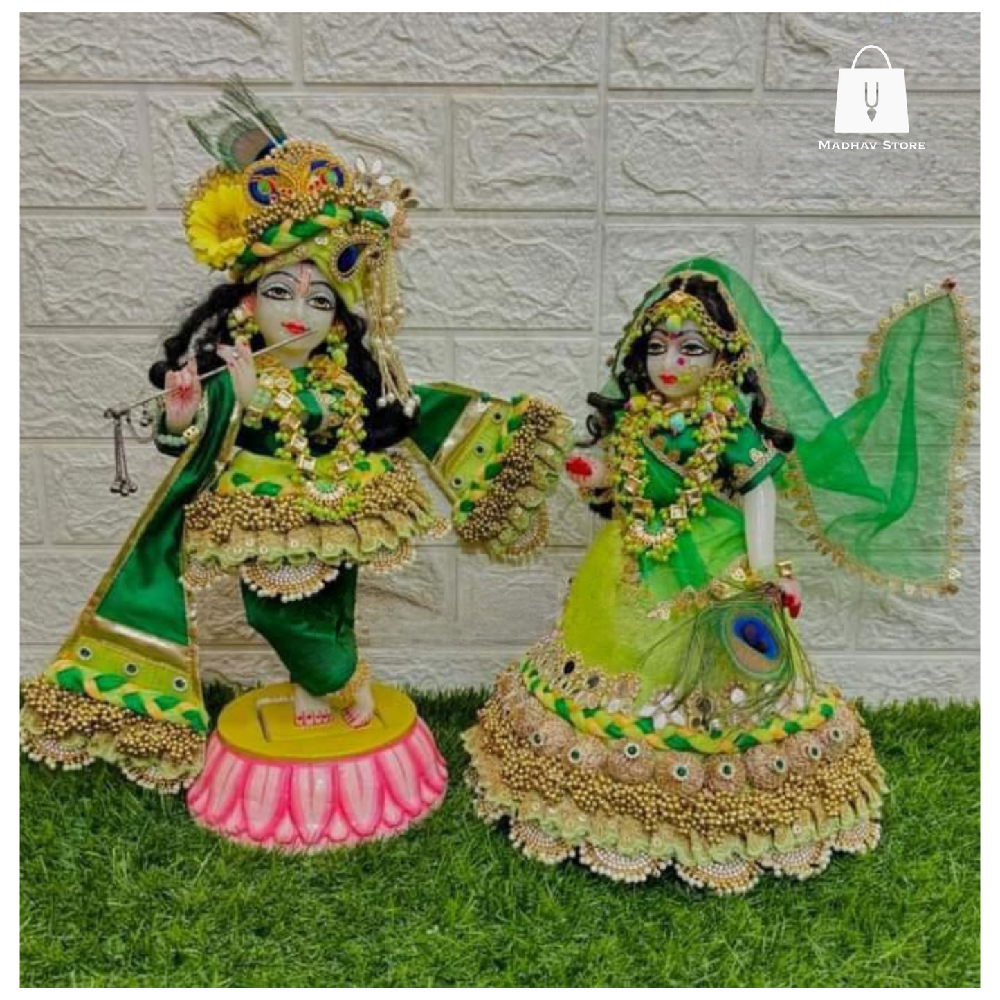 Parrot & Dark green Janmashtami special heavy dress for Radha Krishna with heavy Pagdi