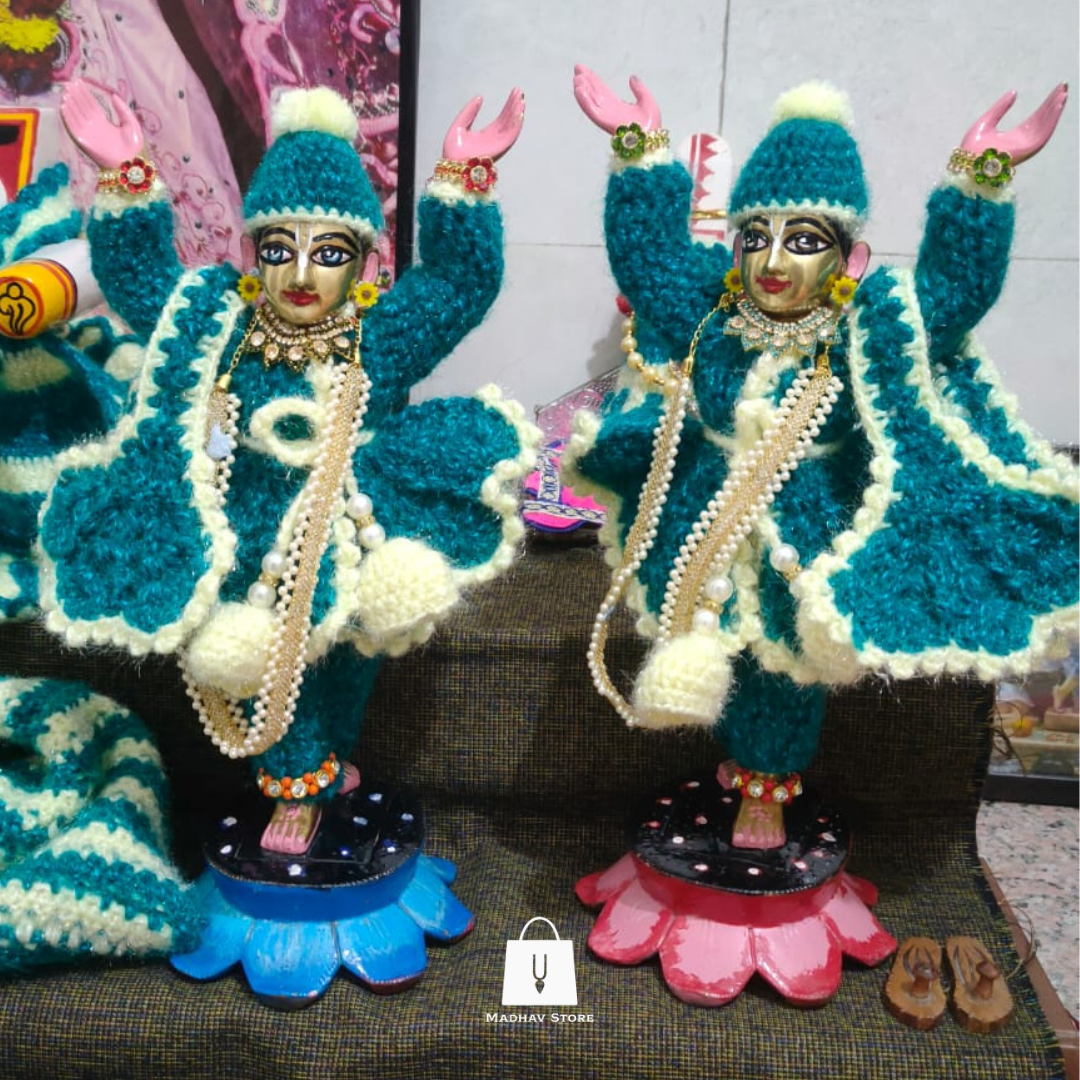 Greenish Blue & White Hand Stiched woolen Winter Special Dress for Gaura Nitai