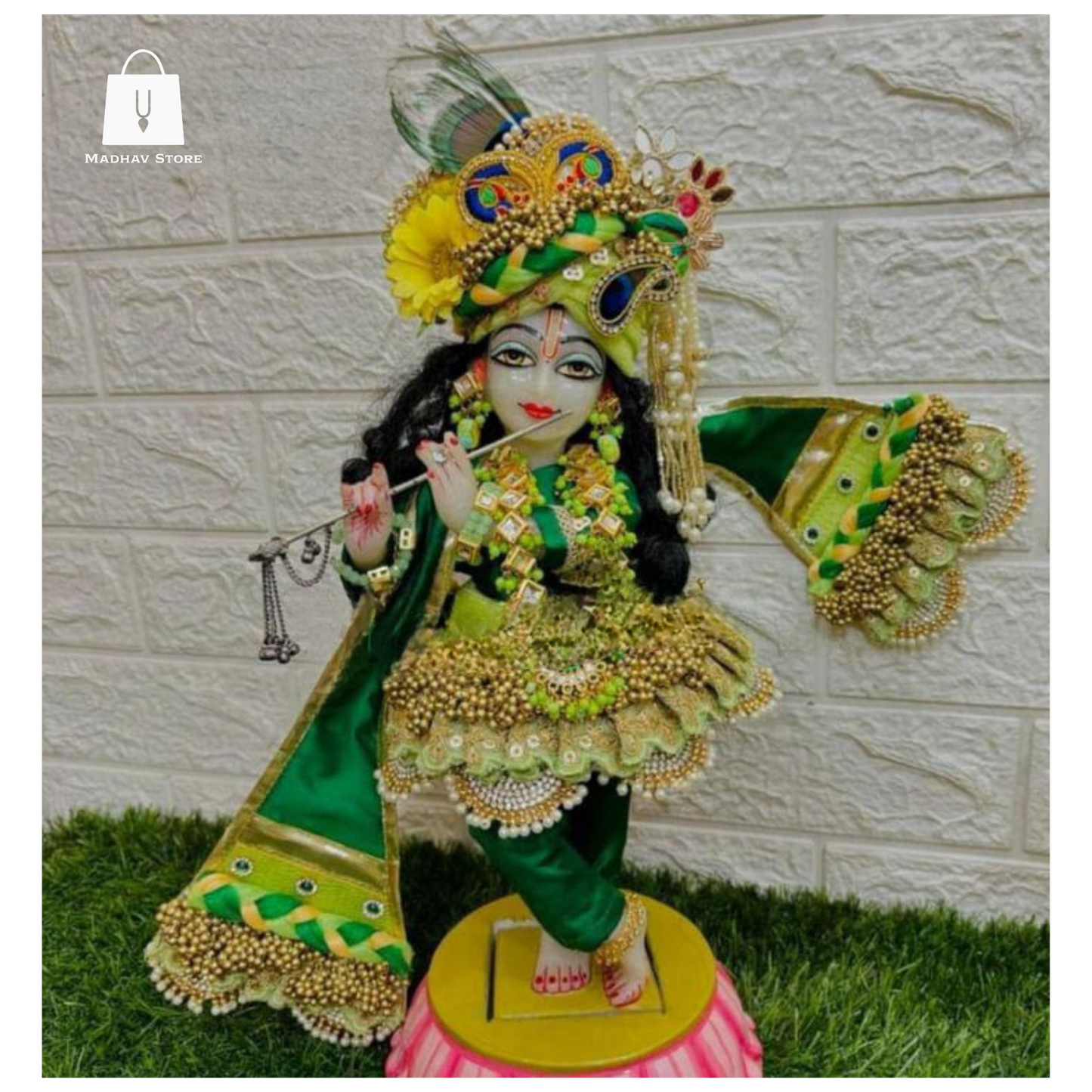 Parrot & Dark green Janmashtami special heavy dress for Radha Krishna with heavy Pagdi