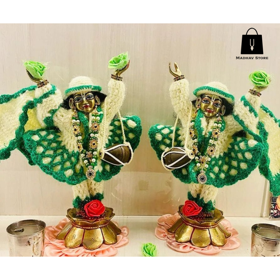 Green & White Hand Stiched woolen Winter Special Dress for Gaura Nitai