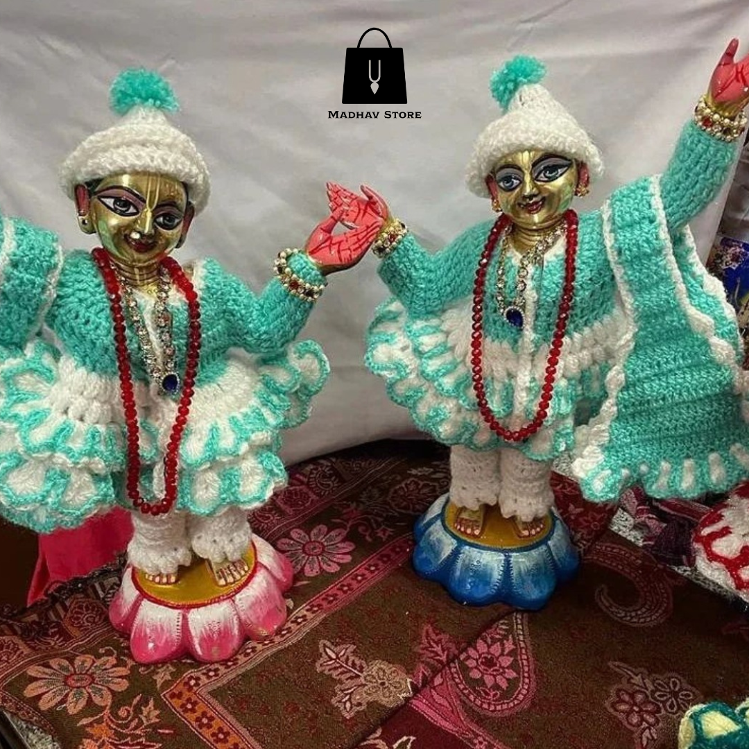 Bluish Green & White Hand Stiched woolen Winter Special Dress for Gaura Nitai
