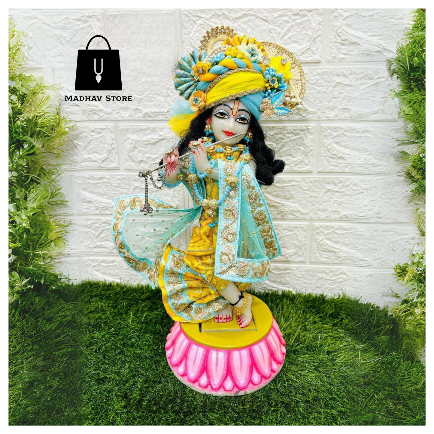 Yellow & Blue Malabari Silk Dress for Radha Krishna with heavy Pagdi