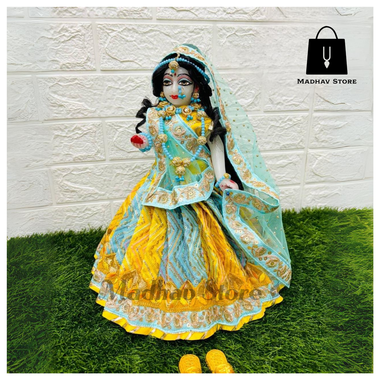 Yellow & Blue Malabari Silk Dress for Radha Krishna with heavy Pagdi