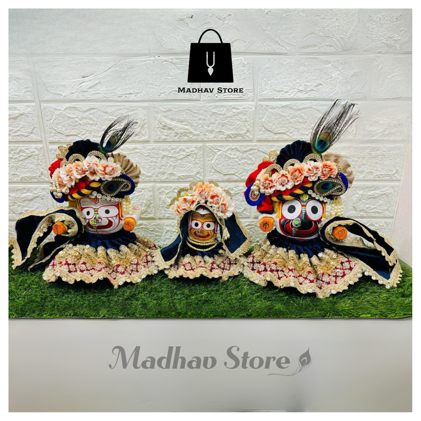Blue & Golden Velvet Heavy Dress for Jagannath Baldeva Subhadra with heavy Pagdi & Chandrika