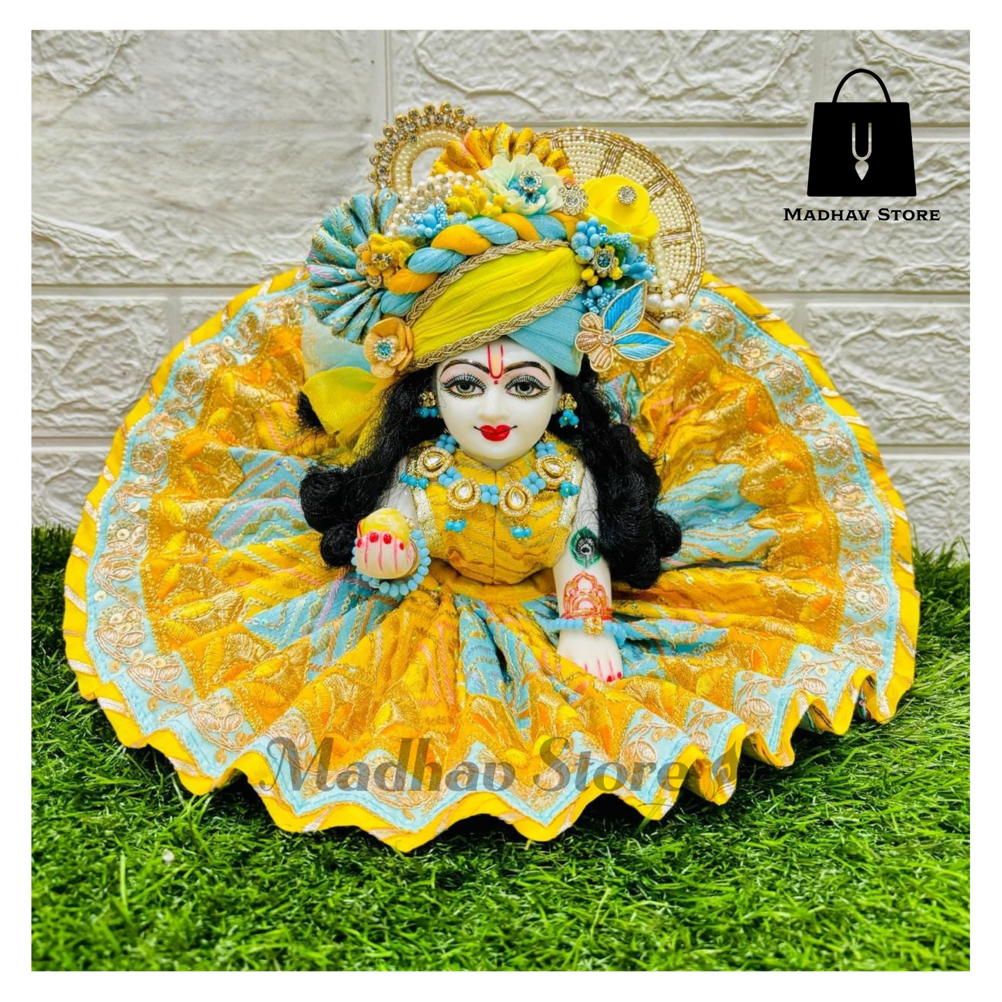 Yellow & Sky Blue Malabari Silk Dress with heavy Pagdi for Laddu Gopal