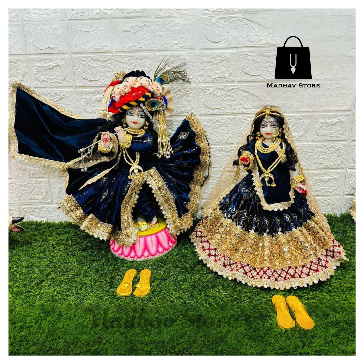 Blue & Golden Velvet Heavy Dress for Radha Krishna with heavy Pagdi