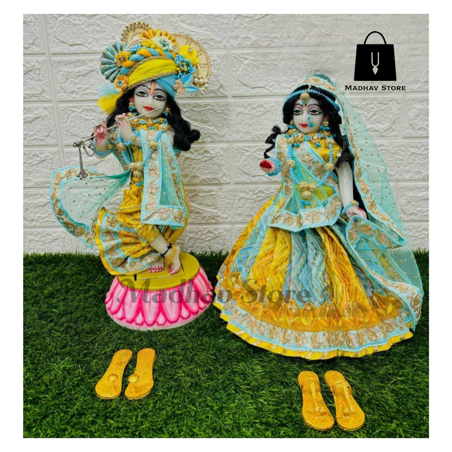 Yellow & Blue Malabari Silk Dress for Radha Krishna with heavy Pagdi