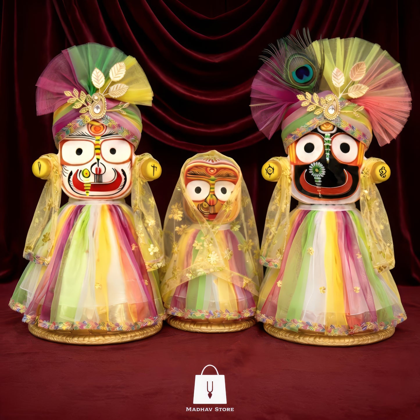 Multicoloured mellow | Premium Silk Dress with Turbans and Chandrika for Jagannath Baladeva Subhadra