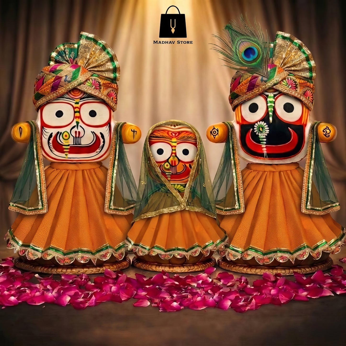 Royal Kesariya Grace | Premium Silk Dress with Turbans and Chandrika for Jagannath Baladeva Subhadra