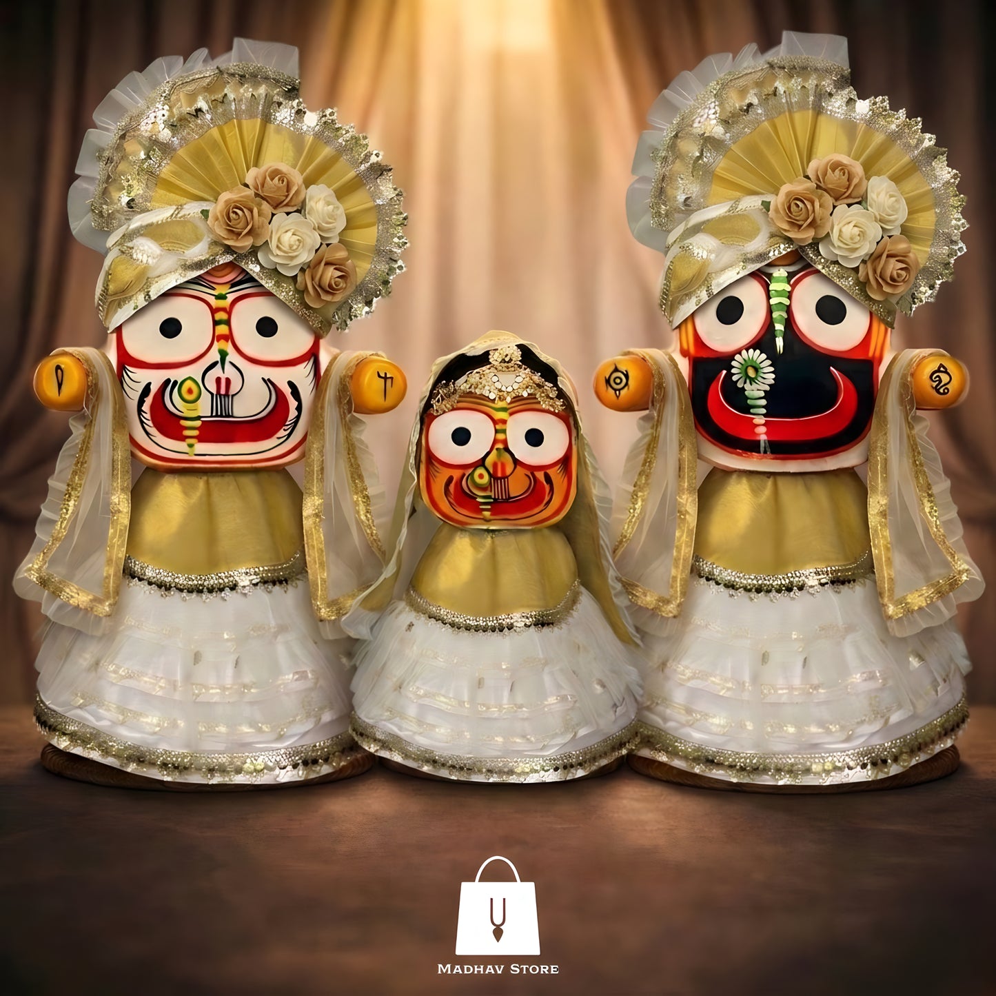 Divine Golden Shringar | Premium Silk Dress with Turbans and Chandrika for Jagannath Baladeva Subhadra