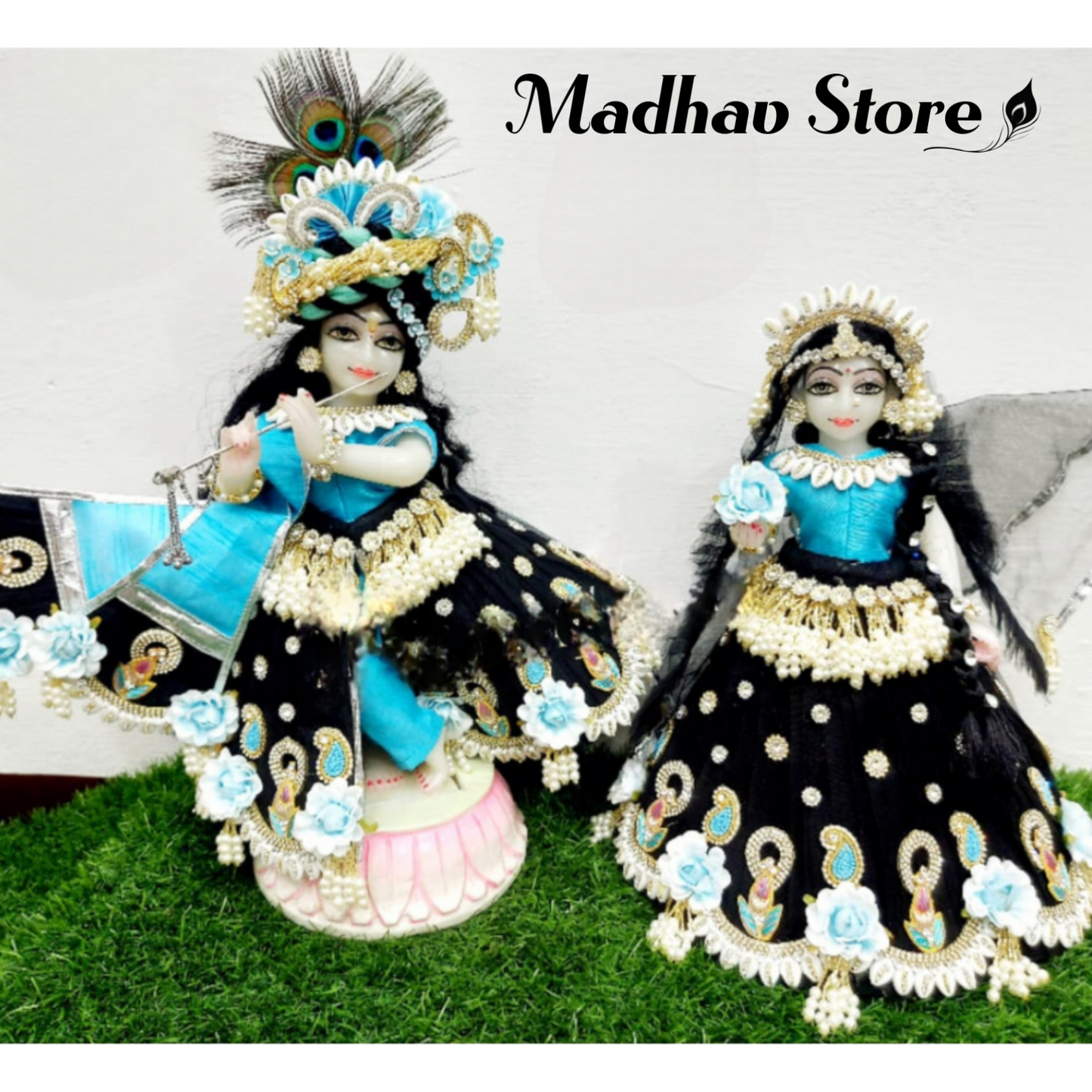 Black & Blue Janmashtami special Dress for Radha Krishna with Pagdi & Chandrika
