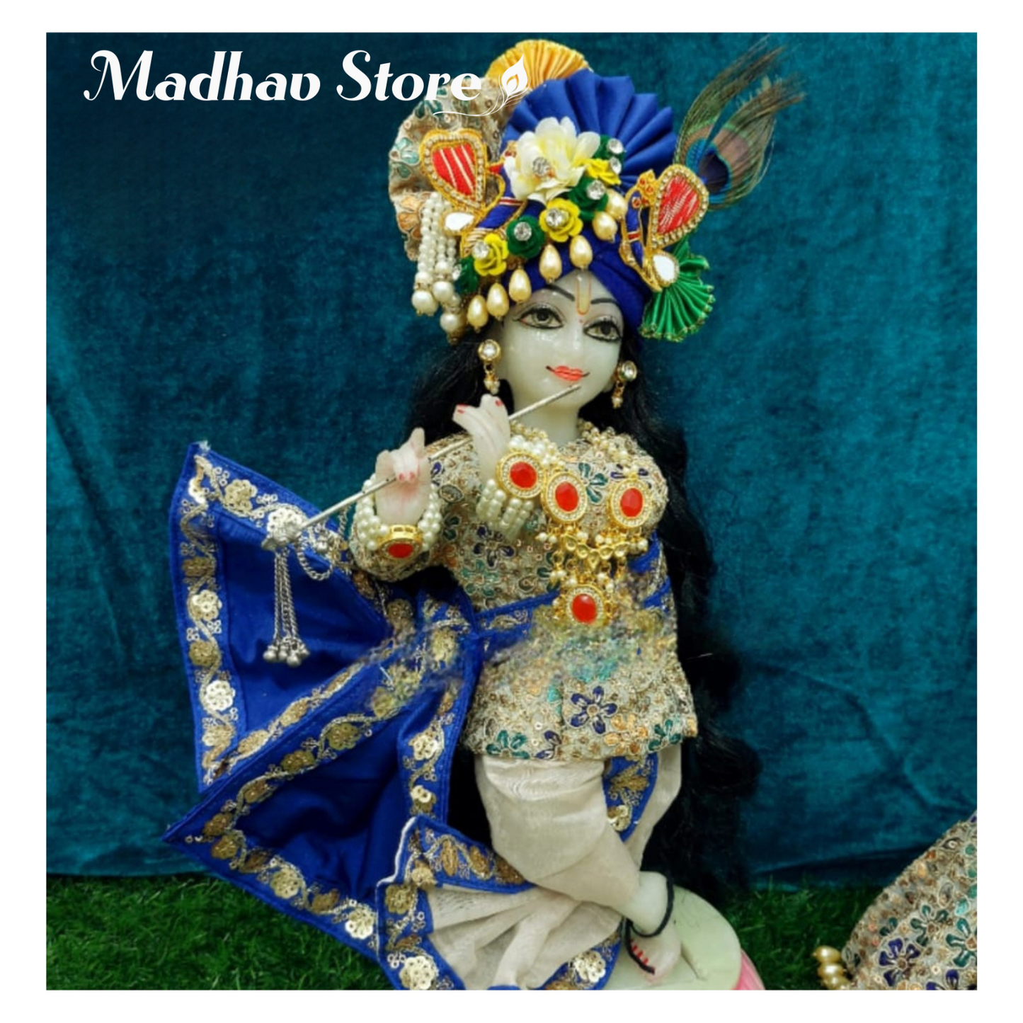 Blue Royal Pearl Georgette Hand Embroidery Janmashtami special Dress for Radha Krishna with Pagdi