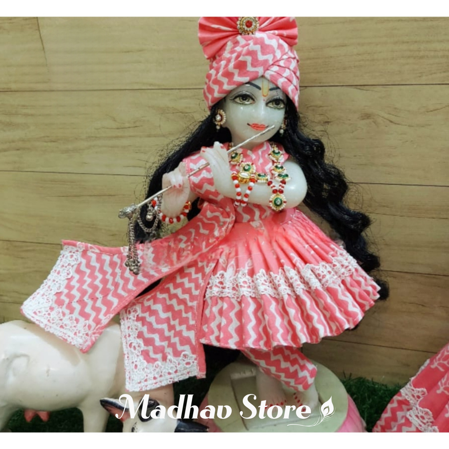 Candy Pink Summer Special Dress for Radha Krishna with Feather Pagdi
