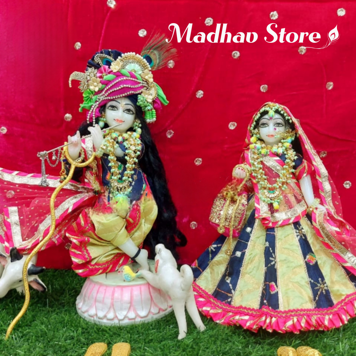 Colourful Banarasi Silk Radhashtami special Dress for Radha Krishna with Pagdi