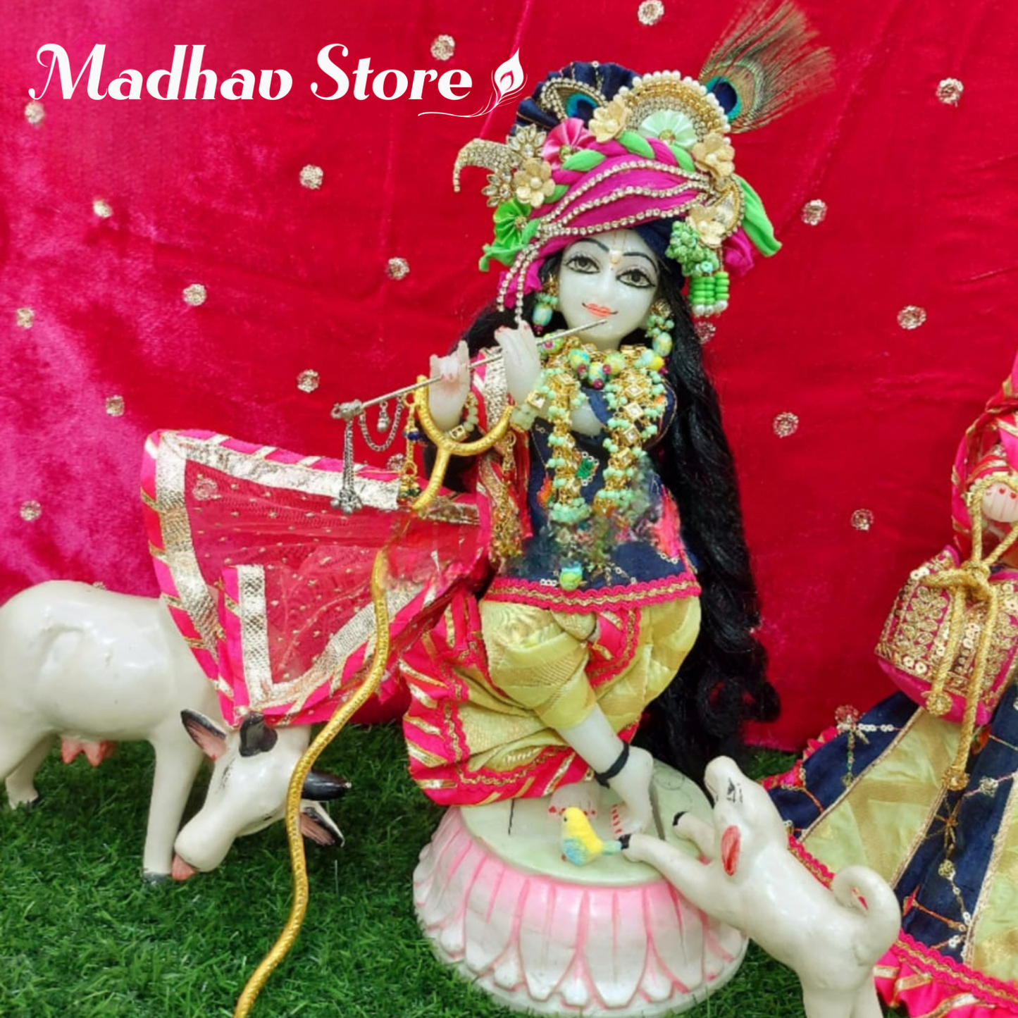 Colourful Banarasi Silk Radhashtami special Dress for Radha Krishna with Pagdi