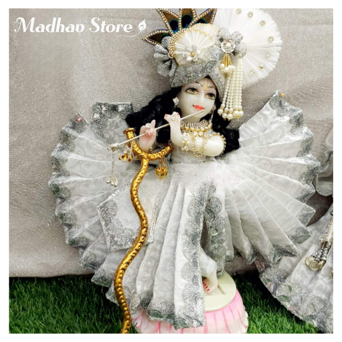 White crystal Sharad Purnima special Dress for Radha Krishna with Pagdi