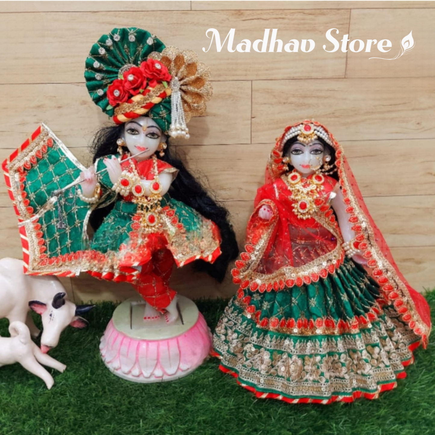 Red & Green Silk Janmashtami special Dress for Radha Krishna with Pagdi
