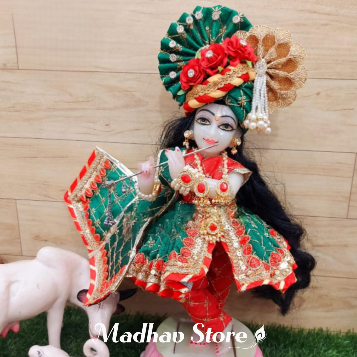 Red & Green Silk Janmashtami special Dress for Radha Krishna with Pagdi
