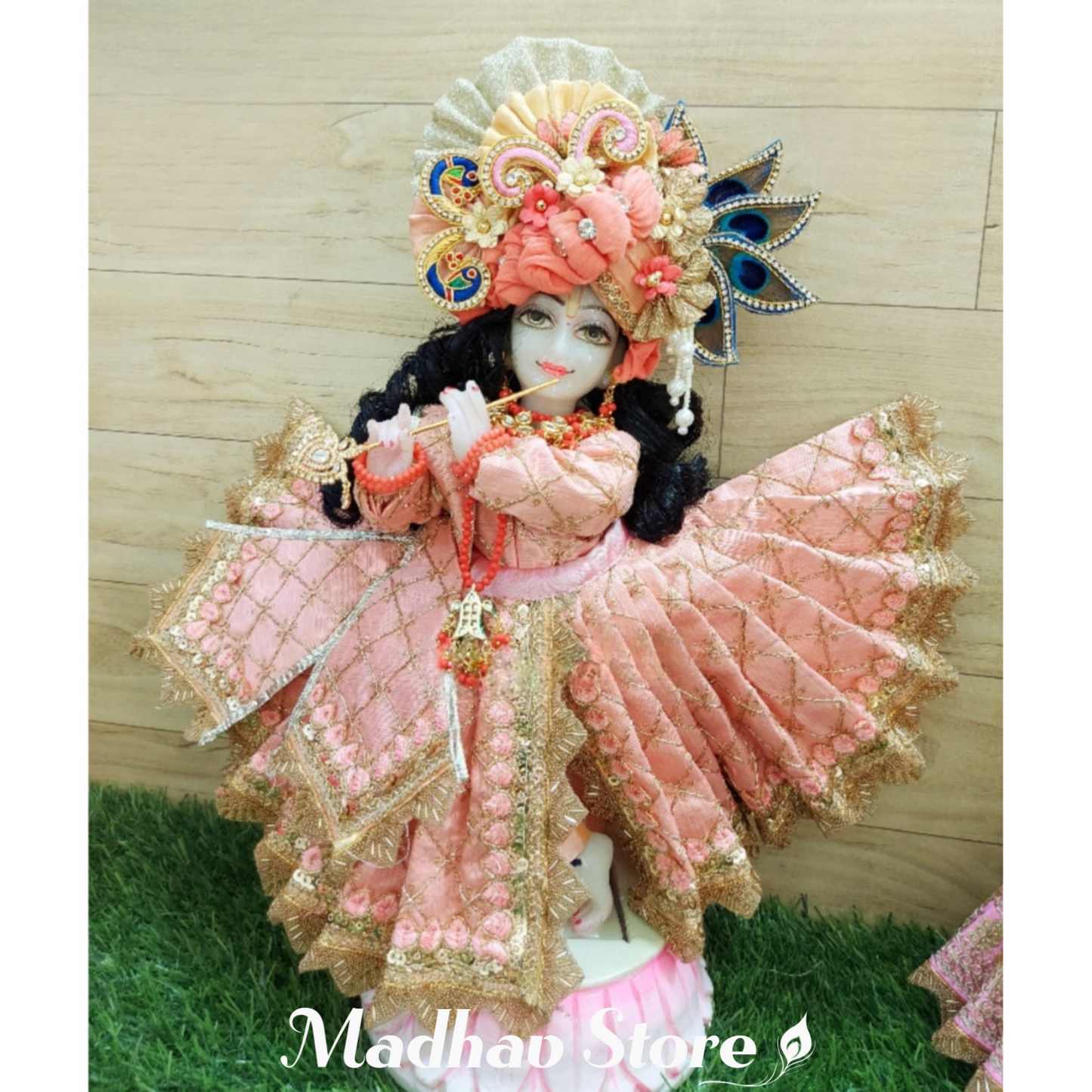 Rose Peach Malabari Silk Janmashtami special Dress for Radha Krishna with Pagdi