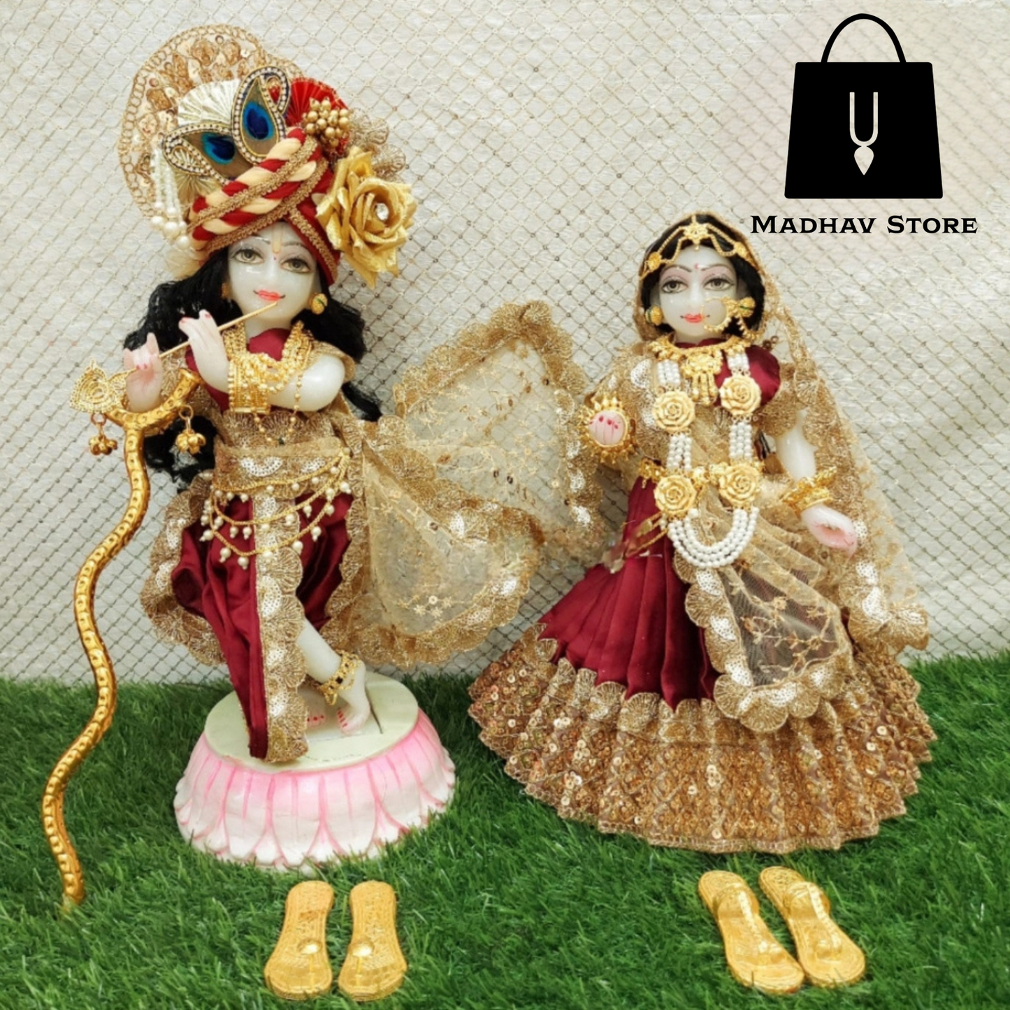 Maroon & Golden Silk Janmashtami special Dress for Radha Krishna with Pagdi