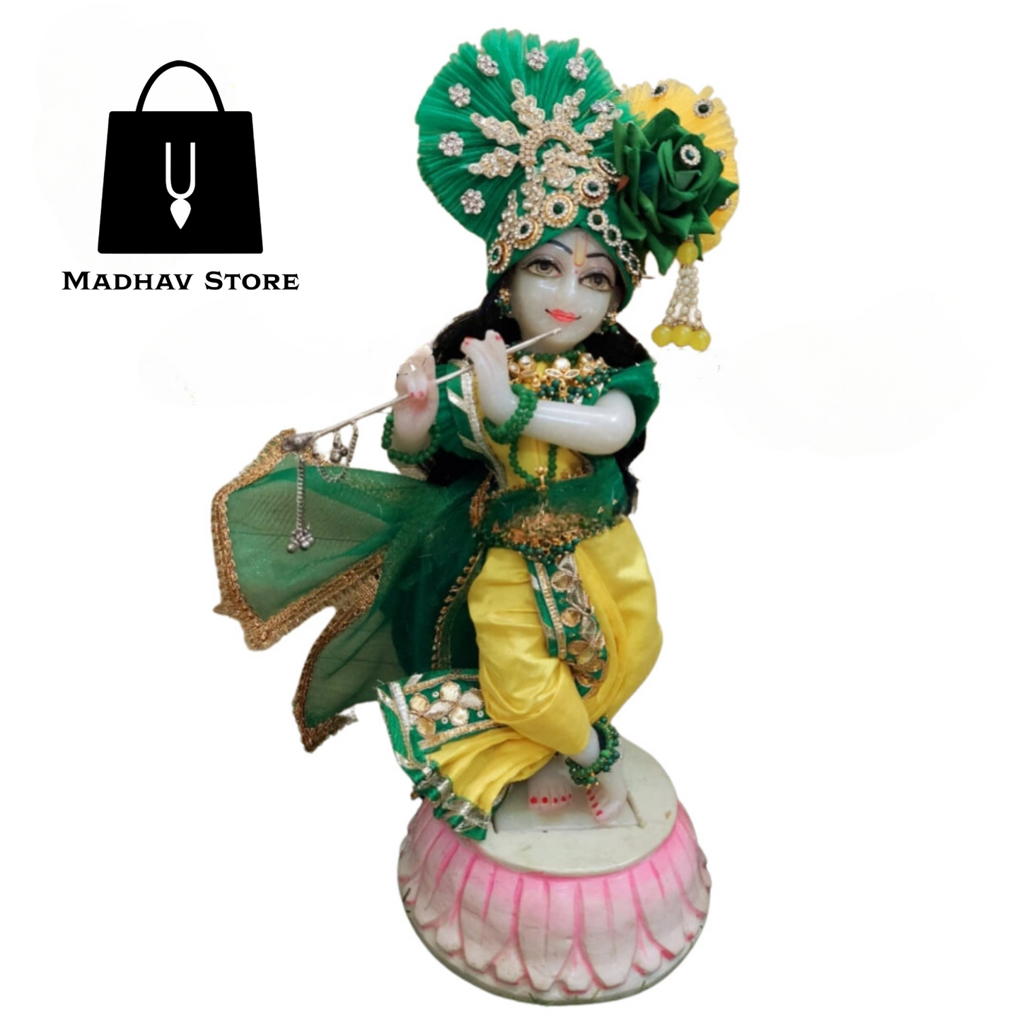 Green & Yellow Silk with net Dress for Radha Krishna with Pagdi