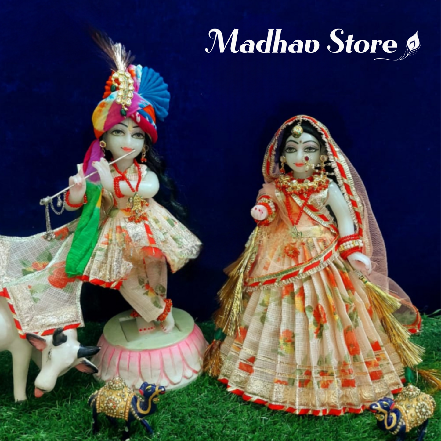 Rajasthani Style Kota Doria Silk Dress for Radha Krishna with Pagdi