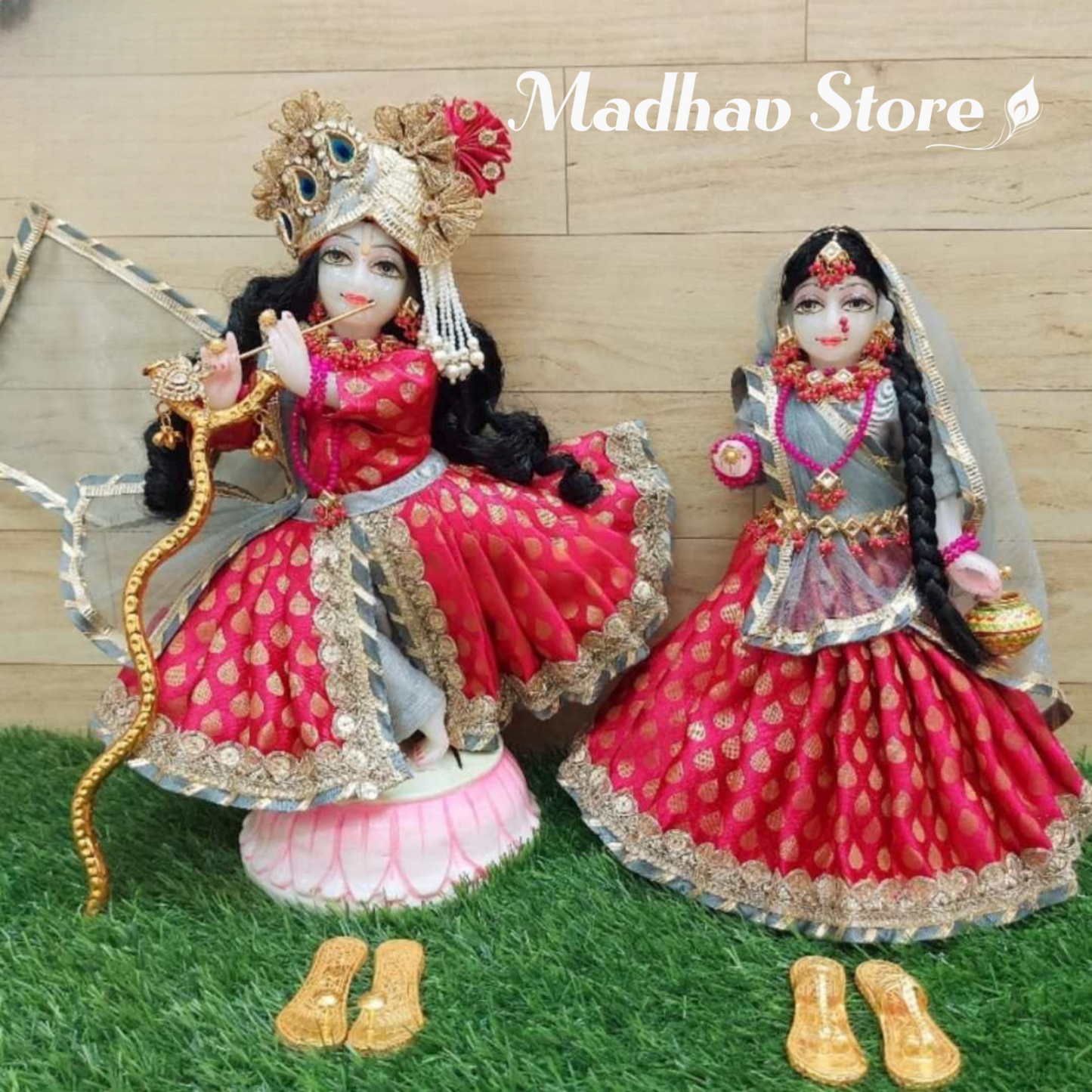 Red & Grey Banarasi Silk Dress for Radha Krishna