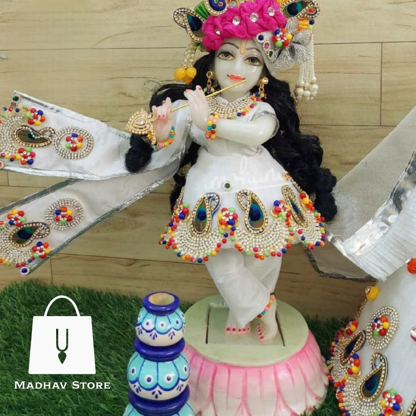 Holi Morpankh theme Beautiful White Dress for Radha Krishna with heavy Pagdi
