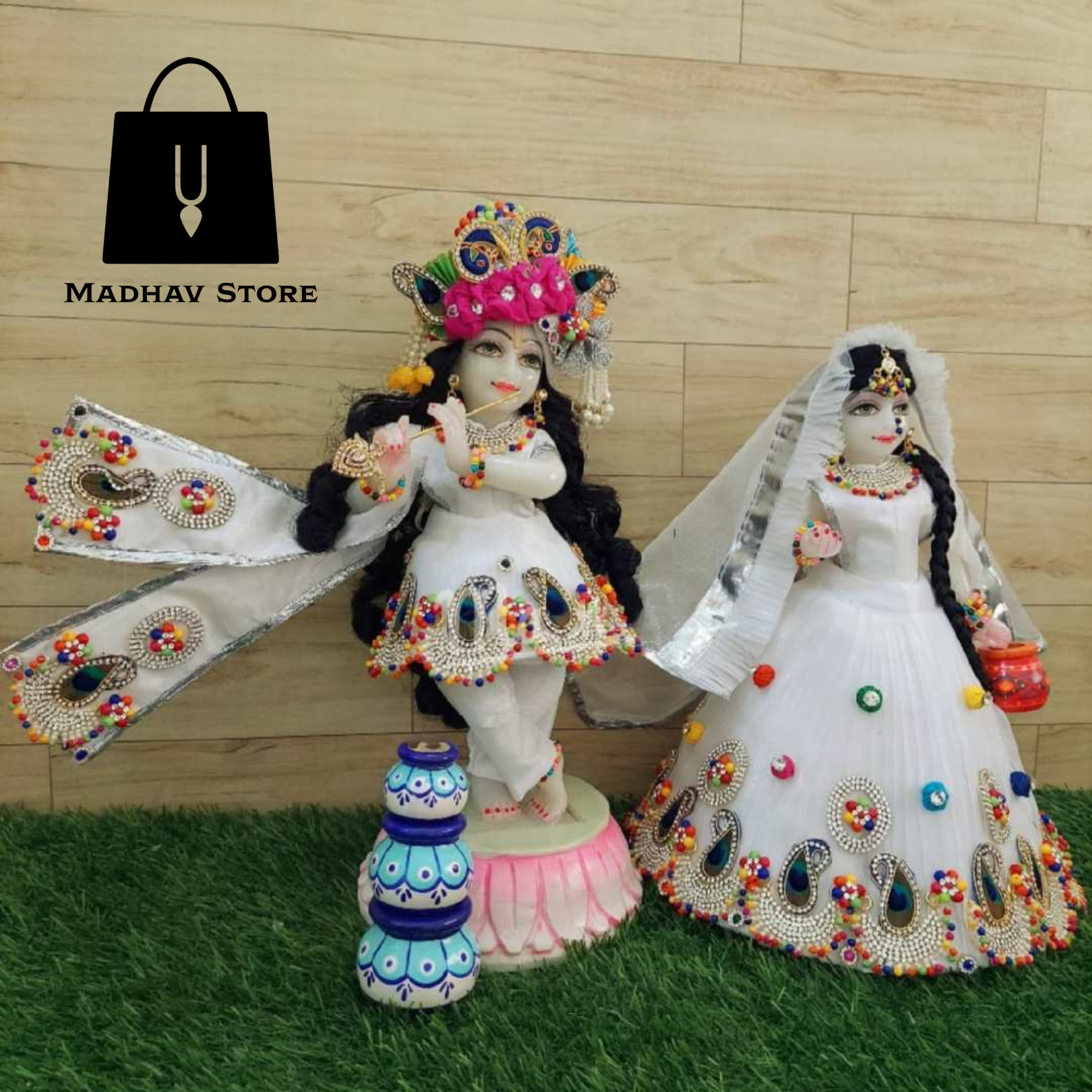 Holi Morpankh theme Beautiful White Dress for Radha Krishna with heavy Pagdi