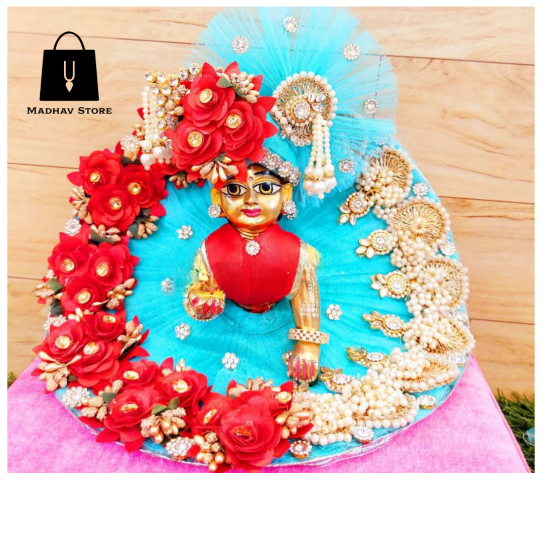 Sky Blue Jhumka & Folwers Dress with heavy pagdi for Laddu Gopal