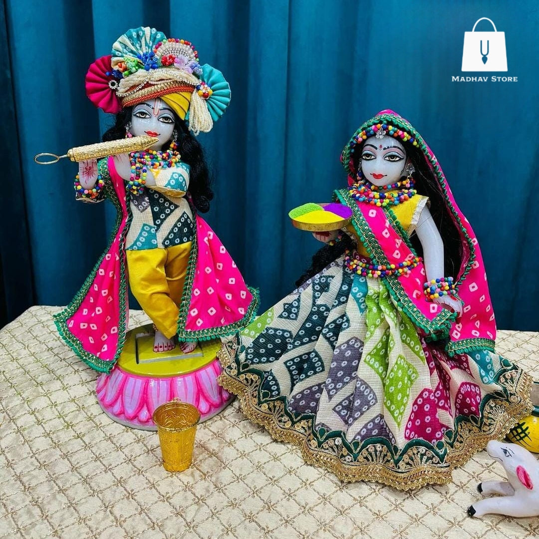 Colourful Holi Dress for Radha Krishna with Pagdi