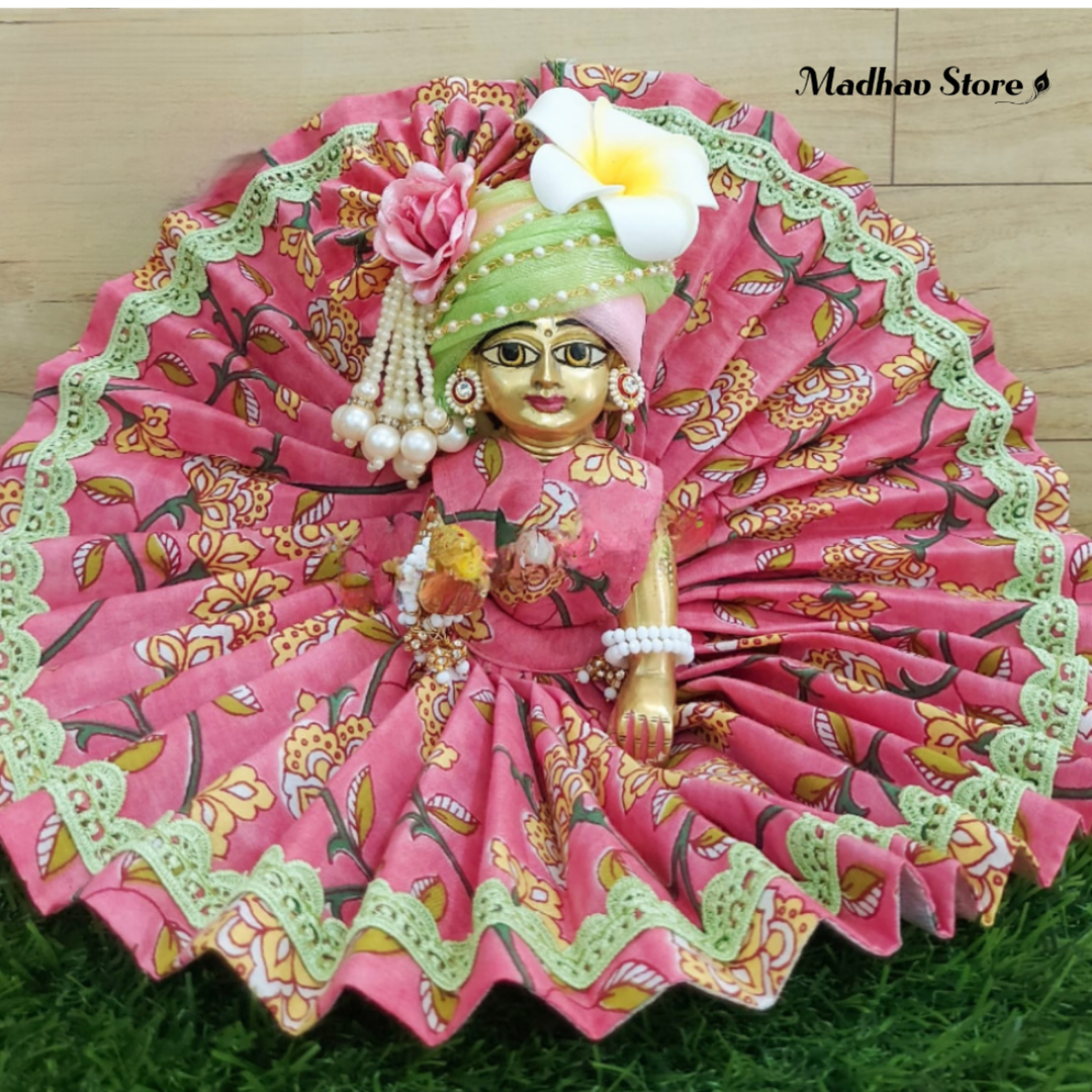 Pink & Zari Green Summer Dress with Pagdi for Laddu Gopal