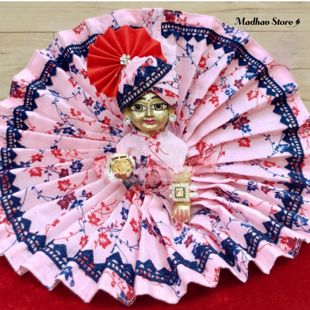 Floral Print Pink Cotton Summer Dress with Pagdi for Laddu Gopal