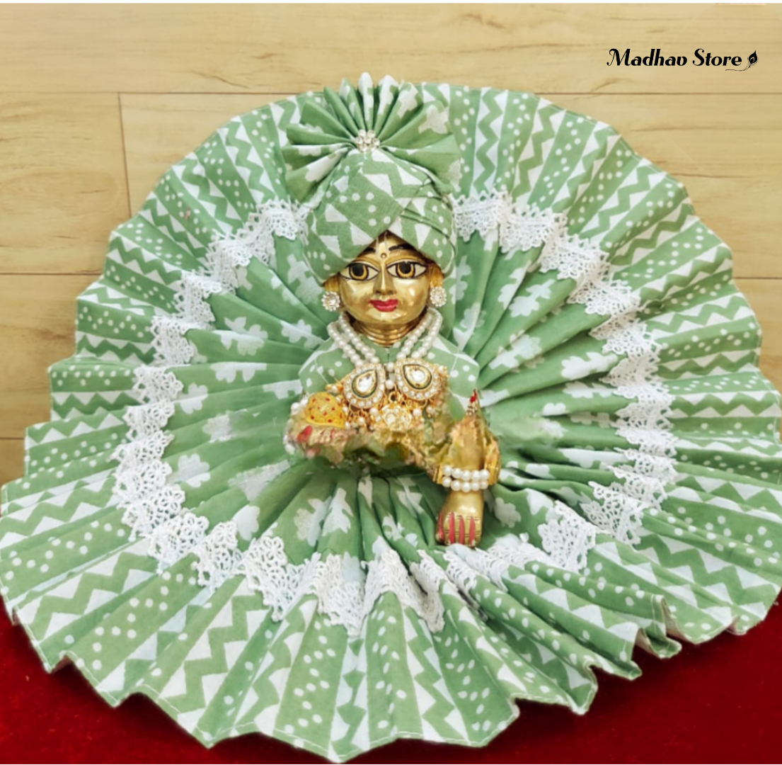 Greyish Green Cotton Summer Dress with Pagdi for Laddu Gopal